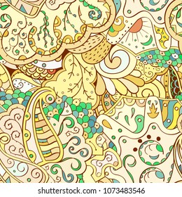 Tracery seamless pattern. Mehndi design. Ethnic colorful doodle texture. Curved doodling background. Vector