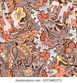 Tracery seamless pattern. Mehndi design. Ethnic colorful doodle texture. Curved doodling background. Vector