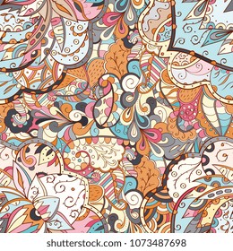Tracery seamless pattern. Mehndi design. Ethnic colorful doodle texture. Curved doodling background. Vector