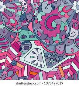 Tracery seamless pattern. Mehndi design. Ethnic colorful doodle texture. Curved doodling background. Vector