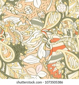 Tracery seamless pattern. Mehndi design. Ethnic colorful doodle texture. Curved doodling background. Vector