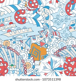 Tracery seamless pattern. Mehndi design. Ethnic colorful doodle texture. Curved doodling background. Vector