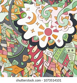 Tracery seamless pattern. Mehndi design. Ethnic colorful doodle texture. Curved doodling background. Vector