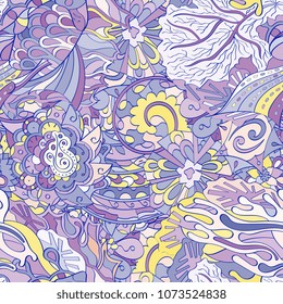 Tracery seamless pattern. Mehndi design. Ethnic colorful doodle texture. Curved doodling background. Vector