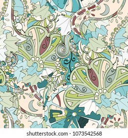 Tracery seamless pattern. Mehndi design. Ethnic colorful doodle texture. Curved doodling background. Vector