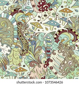 Tracery seamless pattern. Mehndi design. Ethnic colorful doodle texture. Curved doodling background. Vector
