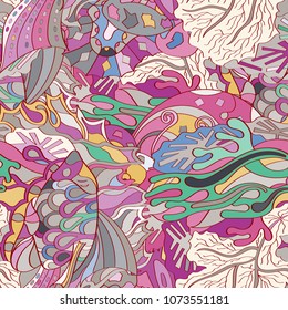 Tracery seamless pattern. Mehndi design. Ethnic colorful doodle texture. Curved doodling background. Vector