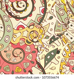 Tracery seamless pattern. Mehndi design. Ethnic colorful doodle texture. Curved doodling background. Vector