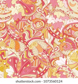 Tracery seamless pattern. Mehndi design. Ethnic colorful doodle texture. Curved doodling background. Vector