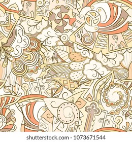 Tracery seamless pattern. Mehndi design. Ethnic colorful doodle texture. Curved doodling background. Vector