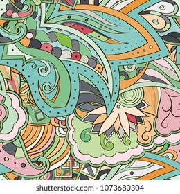 Tracery seamless pattern. Mehndi design. Ethnic colorful doodle texture. Curved doodling background. Vector