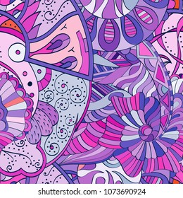 Tracery seamless pattern. Mehndi design. Ethnic colorful doodle texture. Curved doodling background. Vector