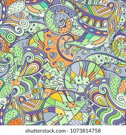 Tracery seamless pattern. Mehndi design. Ethnic colorful doodle texture. Curved doodling background. Vector