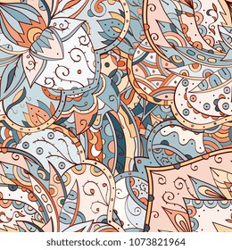 Tracery seamless pattern. Mehndi design. Ethnic colorful doodle texture. Curved doodling background. Vector