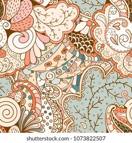 Tracery seamless pattern. Mehndi design. Ethnic colorful doodle texture. Curved doodling background. Vector