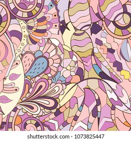 Tracery seamless pattern. Mehndi design. Ethnic colorful doodle texture. Curved doodling background. Vector