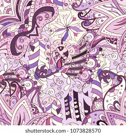 Tracery seamless pattern. Mehndi design. Ethnic colorful doodle texture. Curved doodling background. Vector