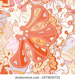 Tracery seamless pattern. Mehndi design. Ethnic colorful doodle texture. Curved doodling background. Vector