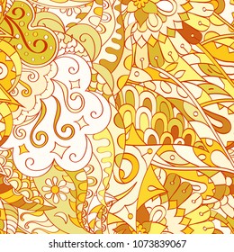 Tracery seamless pattern. Mehndi design. Ethnic colorful doodle texture. Curved doodling background. Vector