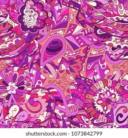 Tracery seamless pattern. Mehndi design. Ethnic colorful doodle texture. Curved doodling background. Vector