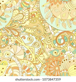 Tracery seamless pattern. Mehndi design. Ethnic colorful doodle texture. Curved doodling background. Vector