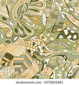 Tracery seamless pattern. Mehndi design. Ethnic colorful doodle texture. Curved doodling background. Vector