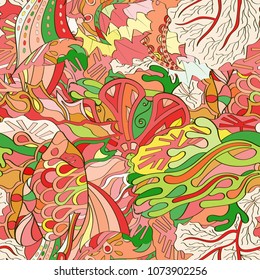 Tracery seamless pattern. Mehndi design. Ethnic colorful doodle texture. Curved doodling background. Vector