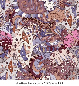 Tracery seamless pattern. Mehndi design. Ethnic colorful doodle texture. Curved doodling background. Vector