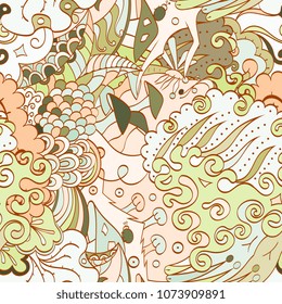 Tracery seamless pattern. Mehndi design. Ethnic colorful doodle texture. Curved doodling background. Vector