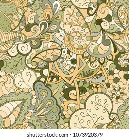Tracery seamless pattern. Mehndi design. Ethnic colorful doodle texture. Curved doodling background. Vector