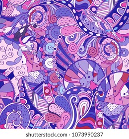 Tracery seamless pattern. Mehndi design. Ethnic colorful doodle texture. Curved doodling background. Vector