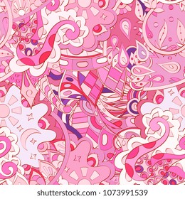 Tracery seamless pattern. Mehndi design. Ethnic colorful doodle texture. Curved doodling background. Vector