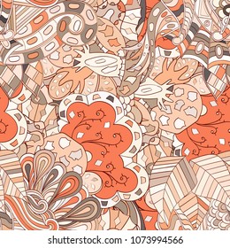 Tracery seamless pattern. Mehndi design. Ethnic colorful doodle texture. Curved doodling background. Vector