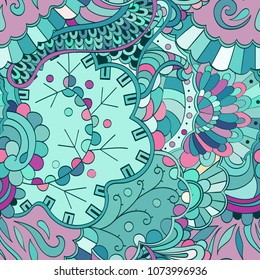 Tracery seamless pattern. Mehndi design. Ethnic colorful doodle texture. Curved doodling background. Vector