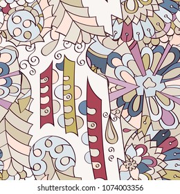 Tracery seamless pattern. Mehndi design. Ethnic colorful doodle texture. Curved doodling background. Vector