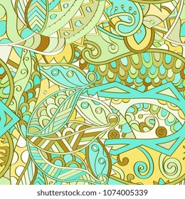 Tracery seamless pattern. Mehndi design. Ethnic colorful doodle texture. Curved doodling background. Vector