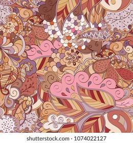 Tracery seamless pattern. Mehndi design. Ethnic colorful doodle texture. Curved doodling background. Vector