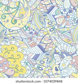 Tracery seamless pattern. Mehndi design. Ethnic colorful doodle texture. Curved doodling background. Vector