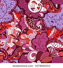 Tracery seamless pattern. Mehndi design. Ethnic colorful doodle texture. Curved doodling background. Vector