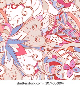 Tracery seamless pattern. Mehndi design. Ethnic colorful doodle texture. Curved doodling background. Vector