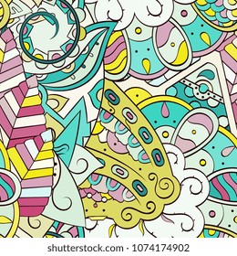 Tracery seamless pattern. Mehndi design. Ethnic colorful doodle texture. Curved doodling background. Vector