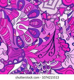 Tracery seamless pattern. Mehndi design. Ethnic colorful doodle texture. Curved doodling background. Vector