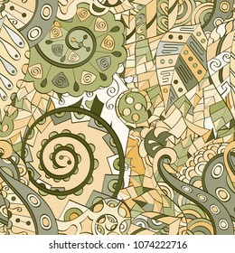 Tracery seamless pattern. Mehndi design. Ethnic colorful doodle texture. Curved doodling background. Vector