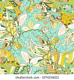 Tracery seamless pattern. Mehndi design. Ethnic colorful doodle texture. Curved doodling background. Vector
