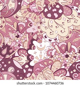 Tracery seamless pattern. Mehndi design. Ethnic colorful doodle texture. Curved doodling background. Vector