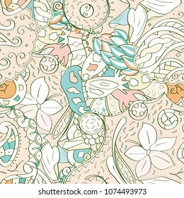 Tracery seamless pattern. Mehndi design. Ethnic colorful doodle texture. Curved doodling background. Vector