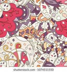 Tracery seamless pattern. Mehndi design. Ethnic colorful doodle texture. Curved doodling background. Vector