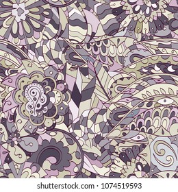 Tracery seamless pattern. Mehndi design. Ethnic colorful doodle texture. Curved doodling background. Vector