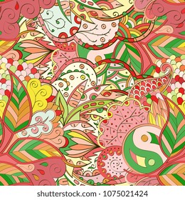 Tracery seamless pattern. Mehndi design. Ethnic colorful doodle texture. Curved doodling background. Vector