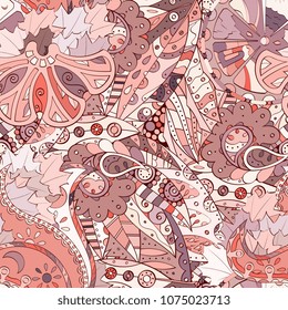 Tracery seamless pattern. Mehndi design. Ethnic colorful doodle texture. Curved doodling background. Vector